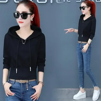 Модерен пуловер с къса талия дамски 2023 нов пролетен стил корейска версия тънка и вратовръзка блуза висока талия палто черно Изображение