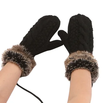 Плетени плюшени ръкавици дамски модни ветроупорни ръкавици топли удебелени плюс размер ръкавици заек кожа трикотажни момичета мода ръкавица Изображение