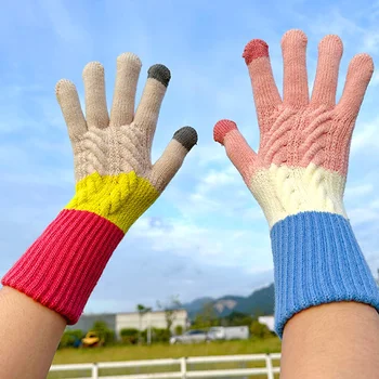 Цветни плетени ръкавици Сензорен екран Ръкавици с разделени пръсти Есенно удебелена зимна топла ръкавица Случайни ветроупорни ръкавици за колоездене Изображение