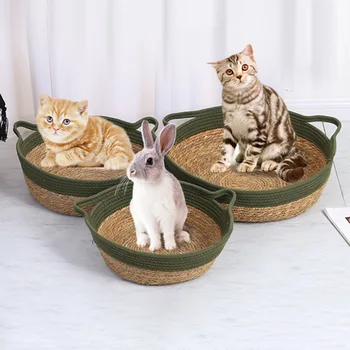 Summer Cat Bed Universal Cooling Pet Basket Матрак Папирус Ратан Котки Гнездо Слама Куче Развъдник Scratch Board Домашни любимци Консумативи Изображение