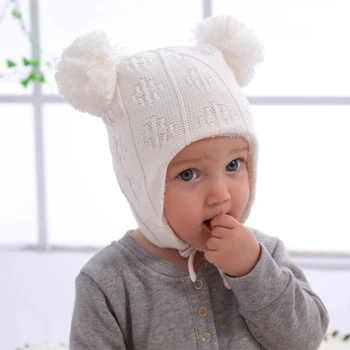 Есен Зимна топка за коса Бебешка шапка Детско ухо за защита Плетена шапка за деца Новородено Beanie Изображение