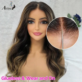 Body Wave Glueless Wear HD Закриване Перука Човешка коса Ombre Highlight Honey Blonde Цветни Прозрачни Пълен 360 фронтална перука вълнообразна Изображение