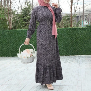 Реколта етнически цветен печат Abaya рокля жени O-образно деколте пакет ръкав Дубай Мюсюлмански дрехи Скромна пачуърк дълга роба Есен 2022 Изображение