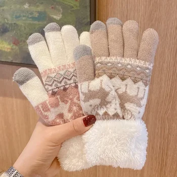 Зимни топли жени сгъстяват плюшени ръкавици плетени сензорен екран ръкавица Коледа прекрасен пълен пръст на открито ски ръкавици коледни подаръци Изображение
