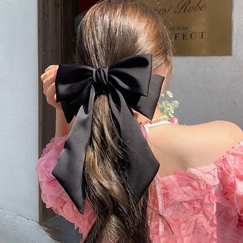Нова мода копринена сатен голям лък щипка за коса темперамент премия панделка конска опашка клип за жени аксесоари за коса високо качество Изображение