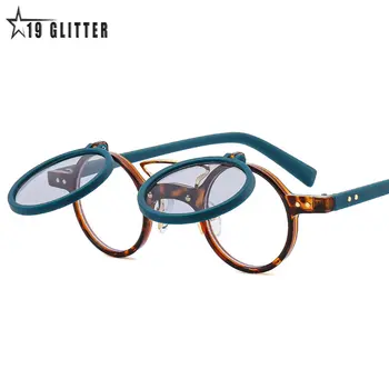 Ins Популярна мода Малки кръгли пънк двойни мостове Дамски слънчеви очила Ретро флип обектив нюанси UV400 мъжки нитове слънчеви очила Изображение