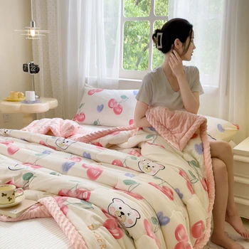 YanYangTian Топла есен Зима Грах руно одеяло карирана удебелена обвивка за сън карикатура Спално бельо покритие Покривка за легло на леглото Изображение