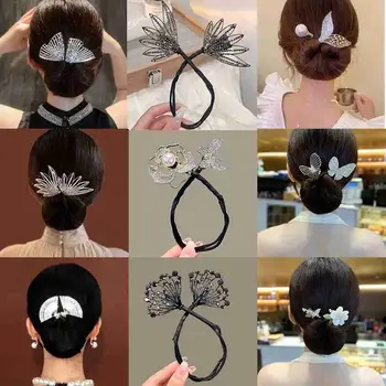 Жени Rhinestone Bow ленти за коса корейски момичета лента за коса кок конска опашка притежателя аксесоари за коса прическа Изображение