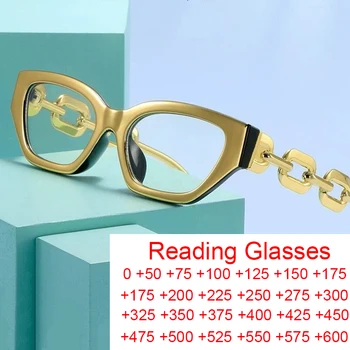 Vintage GOLD рамка ясни очила за четене жени секси котка око анти синя светлина очила луксозен дизайнер голяма верига оптични очила Изображение