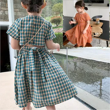 Summer Casual Baby Girls Cotton Plaid Short-Sleeve Tie Dress Kids Lovely Outfits Clothing Children Skirts For 2-8 Years Изображение