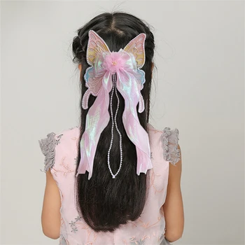 1/2pcs комплект фея розова пеперуда русалка коса клип лък перла окото стример фиба момичета коса плетене принцеса аксесоар за коса Изображение