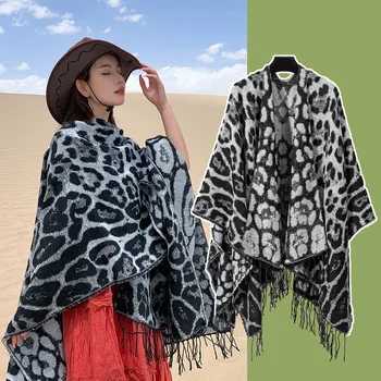 2023 Нови жени кашмир зимни топли пончота и пелерини мода леопард печат голям шал обвивка бандана пашмина одеяло шалове Изображение