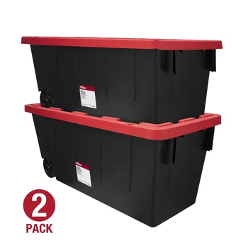 Hyper Tough - 50 галон Snap Lid Колесна пластмасова чанта за съхранение, черна основа / червен капак, комплект от 2 органайзер за съхранение на бюро Изображение