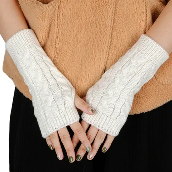 Жените обрат плетени ръкавици половин пръст без пръсти твърди есен зима топло плетене на една кука открит мода момиче мека ръкавица подаръци Изображение