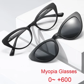 Шофиране поляризирани слънчеви очила за късогледство 0 -1.0 -1.5 -3 Мода котка око късогледство слънчеви очила жени магнитен клип на очила Изображение