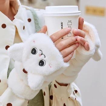 Модни жени плюшени топли ръкавици кожа заек котка ръкавици флип ръкавици без пръсти меки момичета дебели ръкавици гъвкави половин пръст зимата Изображение