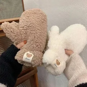 Жените сгъстяват плюшени ръкавици за момичета зимни ръка топло плътен цвят меки пухкави кожи детски ръкавици открит топло зимни подаръци Изображение