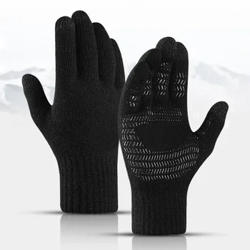 Зимни мъже плетени ръкавици сензорен екран нехлъзгащ каучук твърди бизнес шофиране колоездене пълен пръст есен против хлъзгане мъжки ръкавици Изображение
