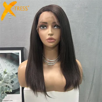 X-TRESS синтетични дантелени перуки L част права коса кафява перука за жени 18inches лек топлоустойчив влакна ежедневна прическа Изображение