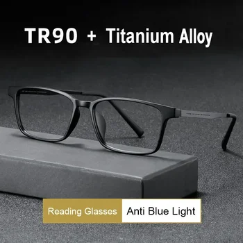Синя светлина блокиране очила за четене Мъже Жени Ултралек TR90 титаниева сплав оптична рамка очила квадратни очила óculos Изображение