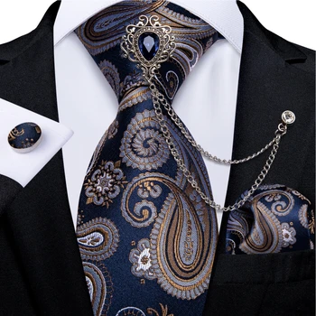 Синьо злато Paisley флорални точки връзки за мъже луксозен сватбена вратовръзка джоб квадратни копчета за ръкавели мъжки подарък брошка верига вратовръзка комплект DiBanGu Изображение