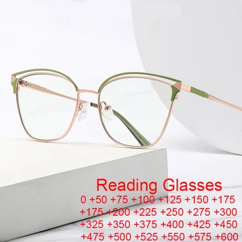 Дамски рамки за очила за котешки очила Секси зелена метална рамка синя светлина филтър очила за четене Дамска мода Компютърни очила очки +2 Изображение