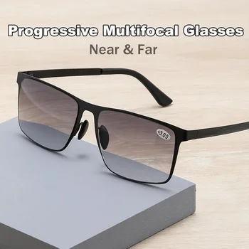 ретро Мъже Бизнес четене Слънчеви очила Progresive Multifocal Reading Presbyopia Eyewear Near Far Sighted Eyeglasses With Diopter Изображение