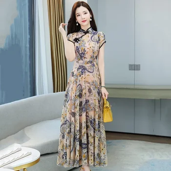 Жените лято Cheongsam реколта цветен модел майка рокля китайски стил сватбени костюми плюс размер дълго Qipao M до 3XL Изображение