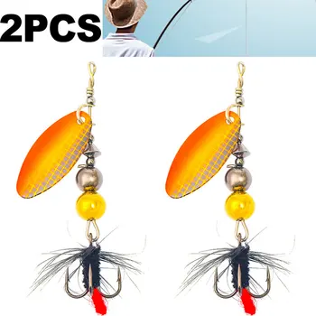 2PCS Въртяща се метална въртяща се лъжица Пера за стръв Тройна кука Риболовна примамка (E оранжево) Изображение