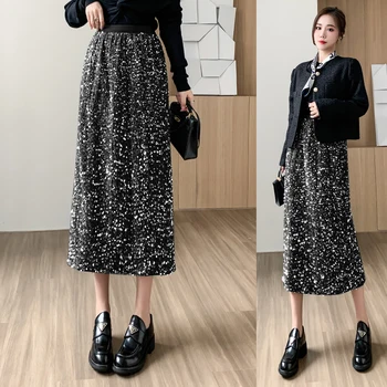 TingYiLi пролет есен реколта пайети Midi поли дамски висока талия сив черен прав пола корейски стил мода цепка пола Изображение
