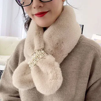 Зимен космат шал Дамски корейски мода перла плюшени топли шалове шал плътен цвят врата топло дебела кърпа Foulard Femme Изображение