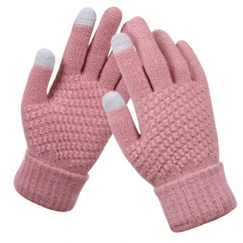 1 чифта плетени вълнени двойка ръкавици зимни плътен цвят пълен пръст ръкавици ръка топло мъже жени ръкавици сгъсти колоездене ръкавици Изображение