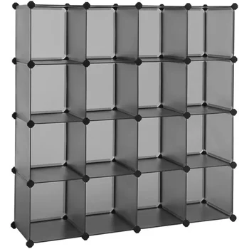 Storage Bookshelf Rack 16-Cube Book Shelf Closet Organizer Stand Bookcase Strong and Durable Gray/Black Color Изображение