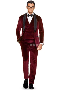 Ново пристигане кадифе мъже костюми шал ревера Balzer тънък годни костюм homme яке жилетка панталони 3 парче мода официален младоженец смокинги Изображение