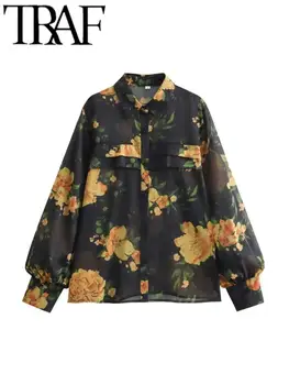 TRAF Жена мода бутер ръкав отпечатани поло риза случайни тънък тънък реколта еднореден дълъг ръкав блузи 2023 Y2k Изображение