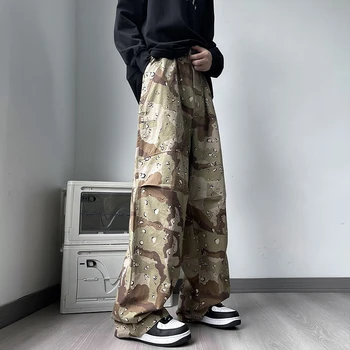 японски ретро камуфлажни панталони мъжки случайни хлабав прав висока улица красив панталон мъже дъното панталони мъжки дрехи Изображение