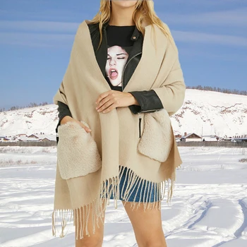 2023 Дамски кашмирен шал с джобен пончо шал Зимни шалове от одеяло Пашмина Ежедневни дамски пискюл Foulard Sjaal Wrap Изображение