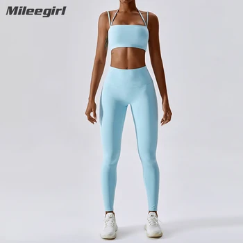 Mileegirl красота обратно йога комплект жени безшевни жартиера спортен сутиен + хип повдигане гамаши шорти костюм тичане бързо сушене фитнес комплект Изображение