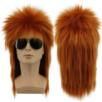 Мъжка шаранова глава червена оранжева дълга права коса с бретон Cosplay синтетични перуки 70-те 80-те години Хелоуин хеви метъл рок парти перука Изображение