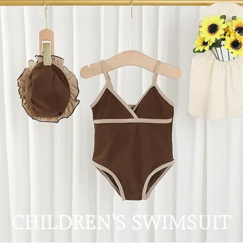 Baby Girl Sling Swimwear Summer New Solid Coffee One Piece Swimsuit with Hat for Children Sleeveless Kids Clothes Girls 2-8Years Изображение