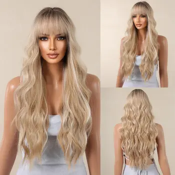 Блондинка с кафяви корени Дълги вълнообразни синтетични перуки за жени Natural Wave перуки с бретон топлоустойчиви ежедневна употреба косплей коса Изображение