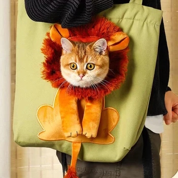 Creative котки превозвач чанта с лъв главата дизайн платно чанта с дупка домашен любимец котка превозвач кученце куче превозвач едно рамо чанта Изображение