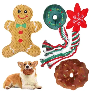 1 броя Коледна серия куче дъвчене плюшени звук вземане играчки 4бр памук въже поничка Изображение