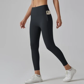  Високо еластичен задник повдигане тренировка чорапогащи спортни гамаши фитнес фитнес панталони висока талия йога гамаши за жени със странични джобове Изображение