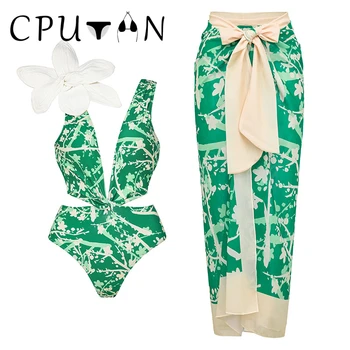 CPUTAN 2023 Ново зелено 3D цвете едно парче бански пола висока талия ретро плажна рокля монокини банскикостюм ретро летни бански костюми Изображение
