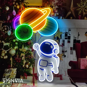 Неонов знак Персонализиран космически астронавт рожден ден стая изкуство стена декорация за детска спалня салон подаръци неонови светлини знаци декор Изображение