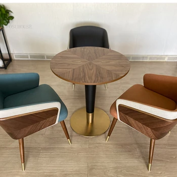 Модерни столове за хранене за свободното време Simple Creative Ins Style Мебели за дома Nordic Ресторант Масивно дърво стол кожена облегалка табуретка Изображение