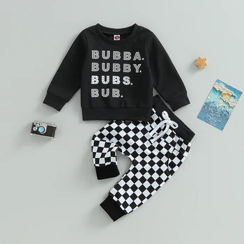Fashion Toddler Baby Boys Fall Clothes Sets Baby Clothing Set Long Sleeve Letters Print Sweatshirt with Plaid Sweatpants Outfits Изображение