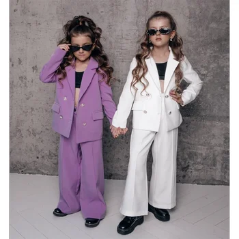 Chic Baby Girl Clothes 2 Piece Fashion Notch Lapel Double Breasted Child Sets Casual Party Wedding Suit for Girls (Blazer + Pants) Изображение