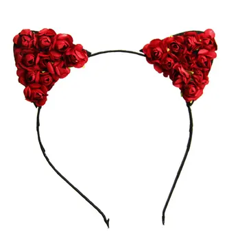 Candiway мода сладък роза цвете котка уши лента за глава шапки коса обръч коса аксесоари за коса за дами косплей парти Изображение